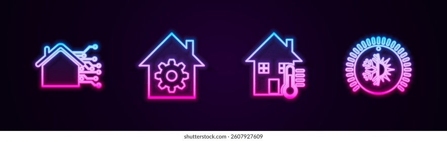 Set line Smart home, settings, House temperature and Thermostat. Glowing neon icon. Vector