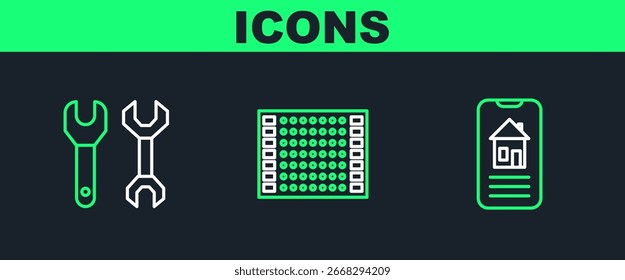 Set line Hogar inteligente, llave inglesa e icono de PCB de placa de circuito impreso. Vector