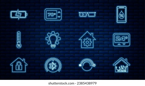 Set line Smart home, Thermostat, glasses, Light bulb and gear, Humidity, Battery, settings and  icon. Vector
