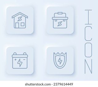 Legen Sie die Linie Smart Home, Toolbox Elektriker, Auto-Akku und Blitz und Schild. Weißer Quadrat-Knopf. Vektorgrafik