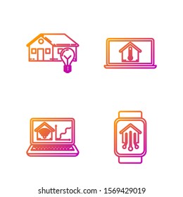Set line Smart home with smart watch, Laptop with smart home with wi-fi, Smart house and light bulb and Laptop with house temperature. Gradient color icons. Vector