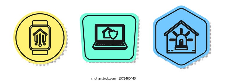 Set line Smart home with smart watch, Laptop with house under protection and Smart house and alarm. Colored shapes. Vector