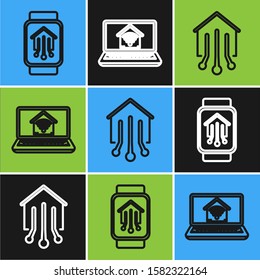 Set line Smart home with smart watch, Smart home and Laptop with smart home with wi-fi icon. Vector