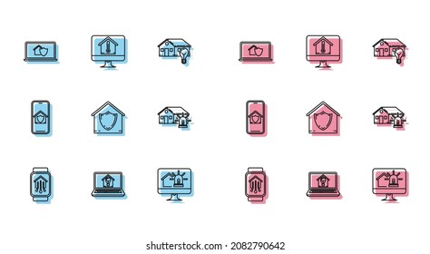 Set line Smart home with smart watch, Laptop house and light bulb, under protection, Computer monitor alarm, House, Mobile phone and temperature icon. Vector