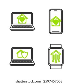 Set line Smart home with smart watch, Laptop house under protection, Mobile phone wi-fi and  icon. Vector