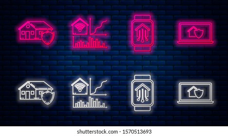 Set line Smart home with wi-fi, Smart home with smart watch, House under protection and Laptop with house under protection. Glowing neon icon on brick wall. Vector