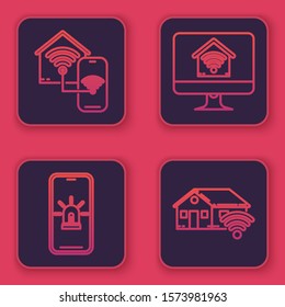 Set line Smart home with wi-fi, Mobile phone with smart house and alarm, Computer monitor with smart home with wi-fi and Smart home with wi-fi. Blue square button. Vector