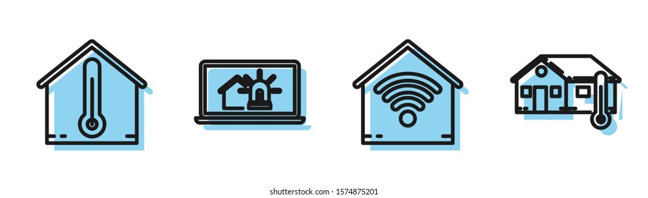 Set line Smart home with wi-fi, House temperature, Laptop with smart house and alarm and House temperature icon. Vector