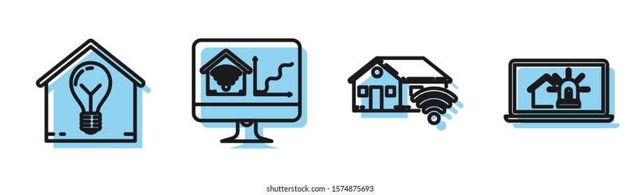 Set line Smart home with wi-fi, Smart house and light bulb, Computer monitor with smart home with wi-fi and Laptop with smart house and alarm icon. Vector
