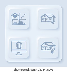 Set line Smart home with wi-fi, House temperature, Computer monitor with smart home and Smart house and light bulb. White square button. Vector
