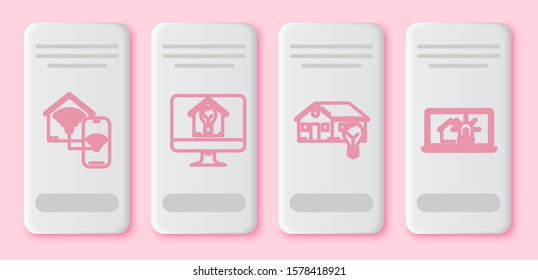 Set line Smart home with wi-fi, Computer monitor with smart house and light bulb, Smart house and light bulb and Laptop with smart house and alarm. White rectangle button. Vector