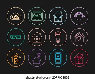 Set line Smart home with wi-fi, House, settings, glasses, Internet of things, Light bulb and graduation cap and Thermostat icon. Vector