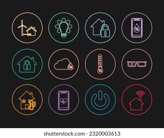 Set line Smart home with wi-fi, glasses, House under protection, Humidity, wind turbine,  and Light bulb and gear icon. Vector