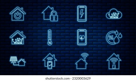 Set line Smart home with wi-fi, Humidity, Mobile charging battery, heart rate and House under protection icon. Vector