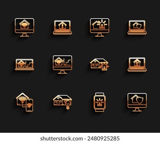 Set line Smart home with wi-fi, house and light bulb, Computer monitor smart, watch alarm, under protection, Laptop and  icon. Vector