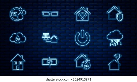Set line Smart home with wi-fi, Internet of things, House solar panel, Humidity, Power button and Glasses icon. Vector