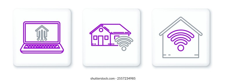 Set line Smart home with wi-fi, Laptop smart and  icon. Vector