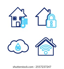 Set line Smart home with wi-fi, Humidity, House under protection and temperature icon. Vector