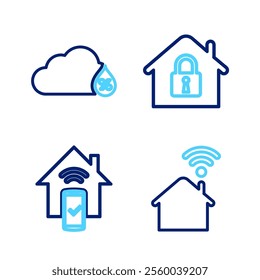 Set line Smart home with wi-fi, remote control system, House under protection and Humidity icon. Vector