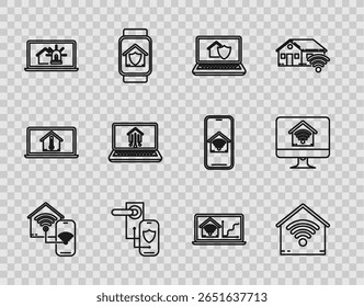 Definir a linha Smart home com wi-fi, Laptop house sob proteção, Tecnologia sem fio de bloqueio de porta digital para trava, smart e alarme, e ícone Monitor de computador. Vetor