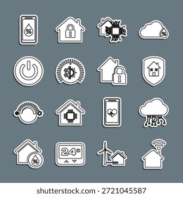 Set-Linie Smart Home mit Wi-Fi, Internet der Dinge, Haus unter Schutz, Thermostat, Power-Taste, Feuchtigkeit für smart und Icon. Vektorgrafik