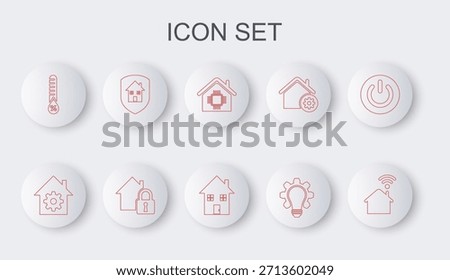 Set line Smart home with wi-fi, settings, Light bulb and gear, Humidity, House under protection,  and  icon. Vector
