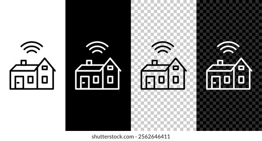 Set line Smart home with wireless icon isolated on black and white background. Remote control. Internet of things concept with wireless connection.  Vector