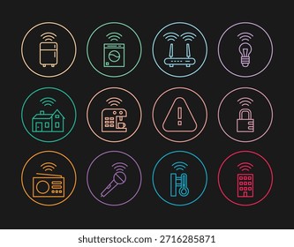 Definir linha Smart home com wireless, trava de combinação segura, sinal de roteador e wi-fi, máquina de café, refrigerador, triângulo de ponto de exclamação e ícone da máquina de lavar. Vetor