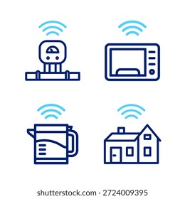Set line Smart home com wireless, chaleira elétrica, forno de micro-ondas e ícone do sensor. Vetor