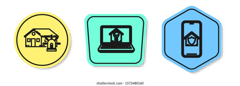 Set line Smart house and alarm, Laptop with smart house and light bulb and Mobile phone with house under protection. Colored shapes. Vector