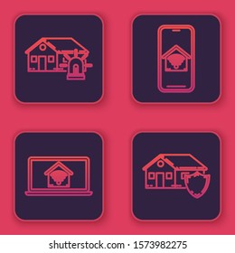 Set line Smart house and alarm, Laptop with smart home with wi-fi, Mobile phone with smart home with wi-fi and House under protection. Blue square button. Vector