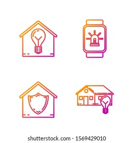 Set line Smart house and light bulb, House under protection, Smart house and light bulb and Smart watch with smart house and alarm. Gradient color icons. Vector