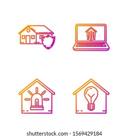 Set line Smart house and light bulb, Smart house and alarm, House under protection and Laptop with smart home. Gradient color icons. Vector