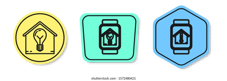 Set line Smart house and light bulb, Smart watch with smart house and light bulb and Smart watch with house temperature. Colored shapes. Vector