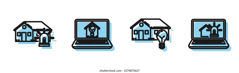 Set line Smart house and light bulb, Smart house and alarm, Laptop with smart house and light bulb and Laptop with smart house and alarm icon. Vector