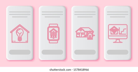 Set line Smart house and light bulb, Smart home with smart watch, Smart house and alarm and Computer monitor with wi-fi. White rectangle button. Vector
