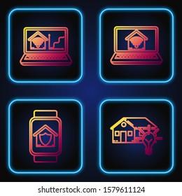 Set line Smart house and light bulb, Smart watch with house under protection, Laptop with smart home with wi-fi and Laptop with smart home with wi-fi. Gradient color icons. Vector