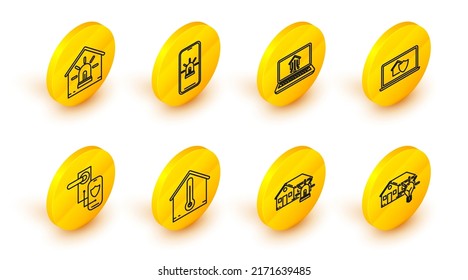 Línea Smart house y bombilla, alarma, temperatura de la casa, cerradura de puerta digital con tecnología inalámbrica para cerradura, portátil bajo protección, hogar inteligente, teléfono móvil e icono. Vector