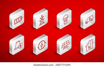 Set line Smart house and light bulb, Electric tower, LED, car, Solar energy panel, Battery, Recharging and Nuclear power plant icon. Vector