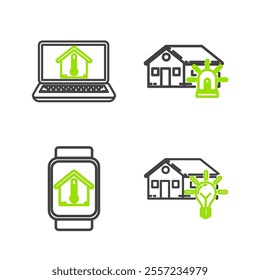 Set line Smart house and light bulb, watch with temperature, alarm and Laptop icon. Vector