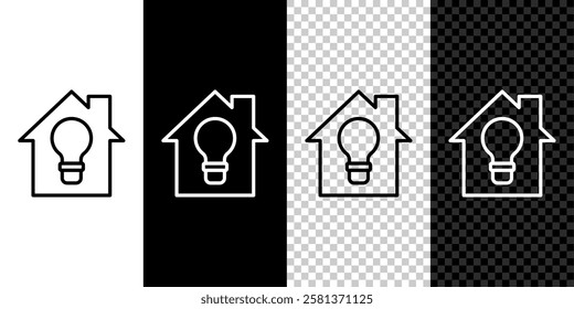 Set line Smart house and light bulb icon isolated on black and white, transparent background.  Vector