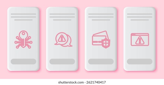 Set line Smart key, Exclamation mark in triangle, Credit card with shield and Browser exclamation. White rectangle button. Vector
