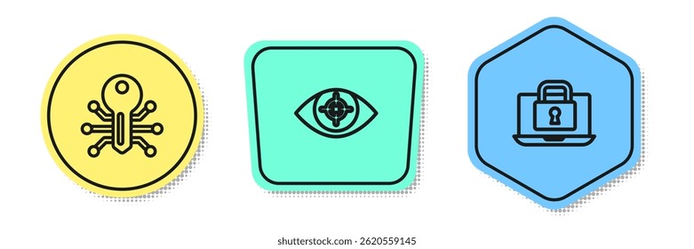 Set line Smart Key, Eye Scan und Laptop und Schloss. Farbige Formen. Vektorgrafik