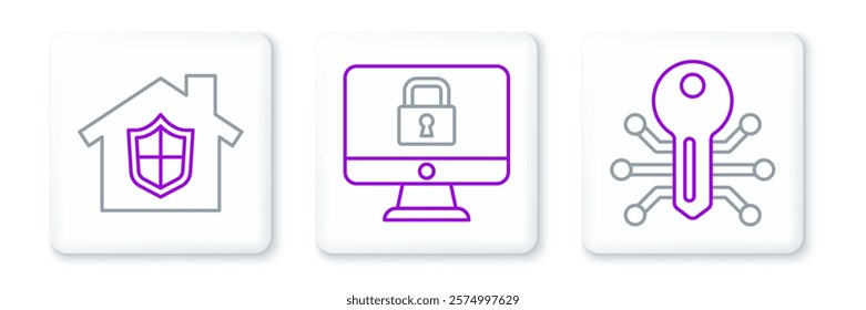 Set line Smart key, House under protection and Lock monitor icon. Vector