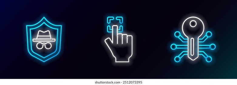 Set line Smart key, Incognito mode and Fingerprint icon. Glowing neon. Vector