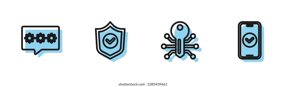 Set line Smart key, Password protection, Shield with check mark and Smartphone icon. Vector