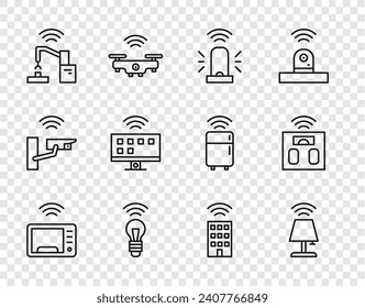 Set line Smart microwave oven, table lamp, flasher siren, light bulb, Robotic robot arm hand factory, Tv system, home with wireless and bathroom scales icon. Vector