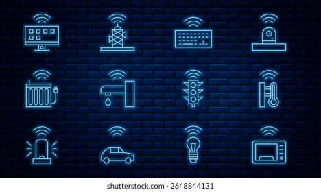 Set line Smart microwave oven, thermometer, Wireless keyboard, water tap, heating radiator, Tv system, traffic light and antenna icon. Vector