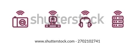 Set line Smart photo camera, headphones, sensor and server icon. Vector