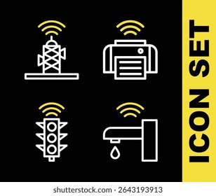 Set line Smart printer, water tap, traffic light and Wireless antenna icon. Vector